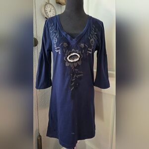 Johnny Was Navy Blue Floral Embroidered Tunic Shirt / Mini Dress